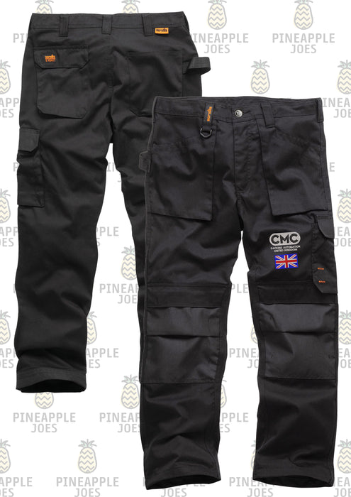 CMC SH056 Scruffs Worker Trousers - Black (White CMC Logo with Union Jack below - Left Leg)