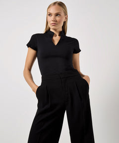 Women's corporate short-sleeved top v-neck mandarin collar (regular fit)