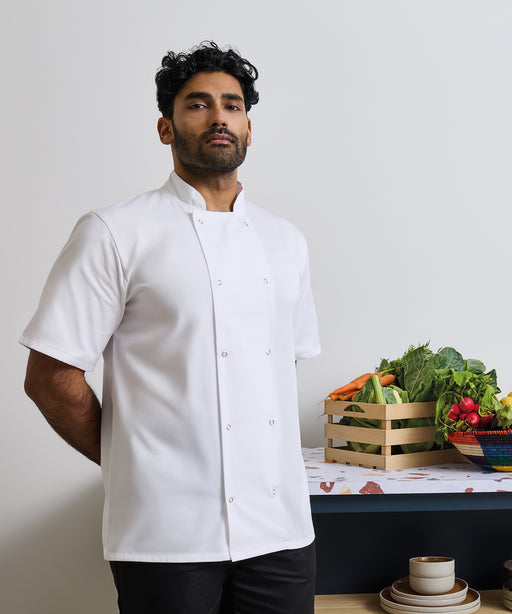 Studded front short sleeve chef's jacket